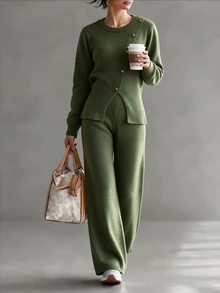 Elenzga Women's Solid Color Long Sleeve Top And Pants Knit 2 Pieces Set - Army Green - View 6
