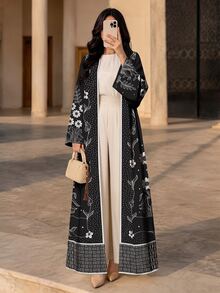 Al Najma 奶油白藍綠花卉印花女款阿巴亞，秋冬時尚開襟寬袖喇叭袖直筒長袍，適合日常街頭穿搭、晚宴派對、聚會穿著 - 彩色 - 查看 3