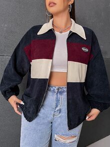 SHEIN EZwear جاكيت مقاس كبير بتصميم كتل لونية مع سحاب، جاكيت كتل لونية خريف/شتاء للنساء، جاكيت مخمل، جاكيت قصير، جاكيت Y2k - عنابي اللون - مشاهدة 4