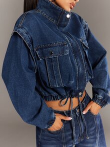 Denimoi Stylish Turtleneck Pocket Cargo Denim Jacket - Dark Wash - View 6