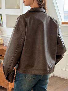 DAZY Solid Color Loose PU Jacket Coat, Vintage Street Style, Autumn/Winter, Maternity Regular Outerwear Leather - Coffee Brown - View 2