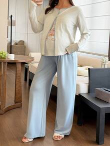 DAZY 印花細肩帶背心寬鬆開襟外套直筒長褲休閒居家服春夏秋冬3件套孕婦2件套 - 藍色 - 查看 5