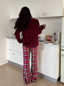 ZzzCrew Heart Embroidered Round Neck Top & Plaid Print Long Pants Comfortable Plush Pajama Set - Red - View 2