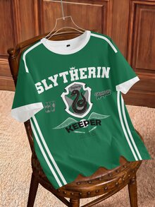 HARRY POTTER X SHEIN Kaos Lengan Pendek Wanita Motif Garis-Garis dengan Cetak Huruf dan Blok Warna - Putih - View 1