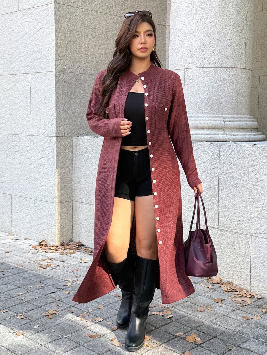 Easura Plus Size Half-High Neck Open Chest Pocket Button Design Sweater Long Sleeve Mid-Length Cardigan Comfortable Elegant Commute - Brown - View 1