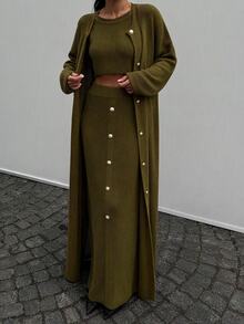 CLARA VERO مجموعة ثلاثية من ملابس محبوكة طويلة بتفاصيل أزرار زيتونية، مناسبة للبرانش أو الاستخدام اليومي، توب قصير بدون أكمام - اخضر زيتون - مشاهدة 11