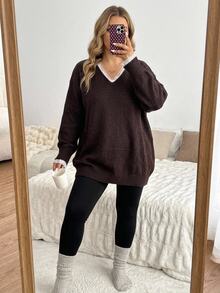 SHEIN CURVE+ Plus Size V-Neck Lace Trim Loose Casual Daily Back To School Office Knit Sweater - Brown - View 7