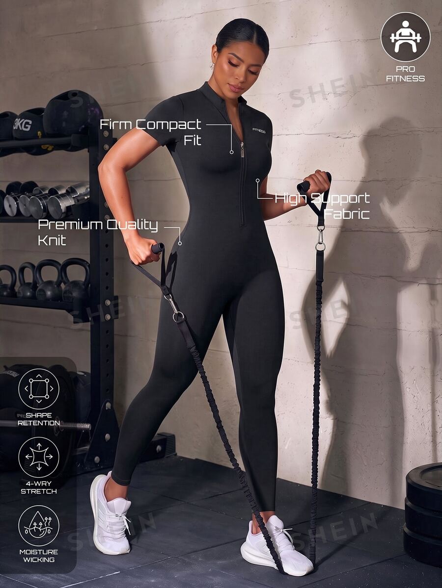 Solea Cove Solea Cove Women's Letter Print Short Sleeve Zipper Front Sports Jumpsuit - Black - View 1