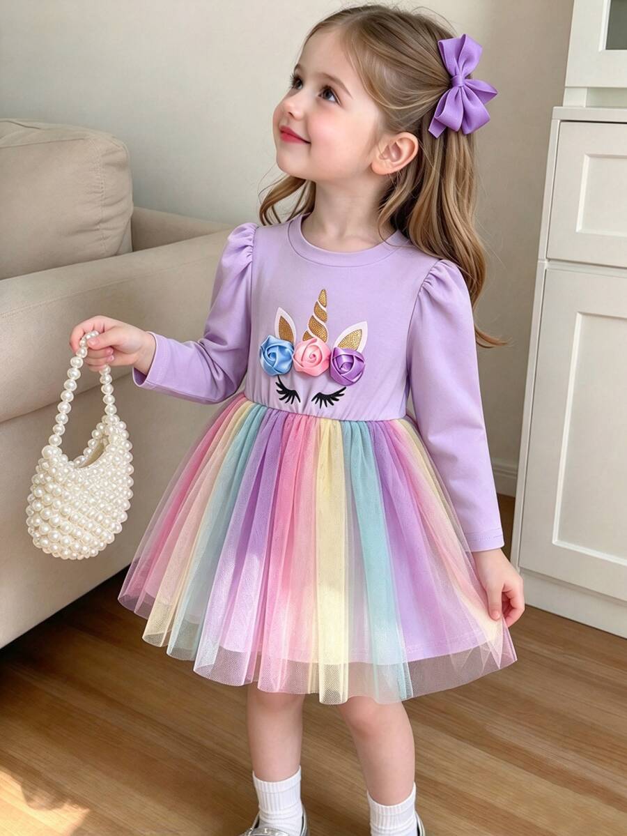 SHEIN Glamorique Kids 女嬰 3D 花朵獨角獸長袖洋裝,薰衣草花瓣袖彩虹薄紗公主芭蕾舞裙,秋季生日可愛女寶寶 - 粉色 - 查看 1