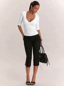 SHEIN BAE 女款極簡純色百搭日常穿著T恤 - 白色 - 查看 3