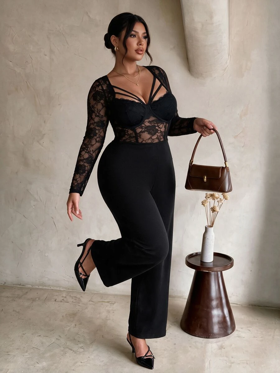 Firerie Plus Size Women's Lace Patchwork Sexy Elegant Everyday Party Cocktail Jumpsuit Halloween Black Jumpsuit For Women Fall/Winter Christmas & New Year - Black - View 1