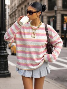 SHEIN EZwear 大尺碼圓領紅白條紋拼接休閒學院風百搭日常穿搭T恤 返校季秋季校園款 - 粉色 - 查看 6