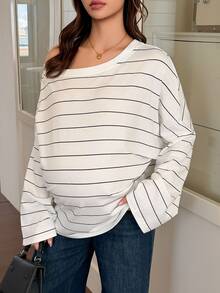 DAZY Loose Asymmetrical Shoulder Striped Top Casual Daily Vacation Spring Autumn Maternity T-Shirt - White - View 6