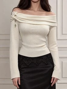 Modelyn Women's Off-Shoulder Premium Autumn/Winter Long Sleeve Sweater - Apricot - View 6