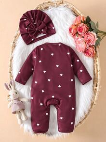 SHEIN Baby Girl 2pcs Ribbed Heart Print Footed Romper With Ruffle & Bow Hat Set, Soft Knit Autumn Daily Wear - Burgundy - View 2