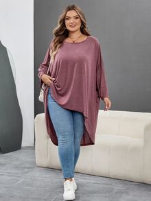 SHEIN CURVE+ 大尺碼女款寬鬆蝙蝠袖不對稱下擺圓領純色彈性舒適休閒夏季上衣，適合秋冬 - 酒紅色 - 查看 8