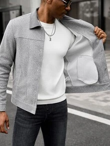 Manfinity CasualCool 男士 Ins 熱銷羊毛混紡夾克，燈芯絨領拼接設計，皮革貼布裝飾，成熟灰色羊毛面料，送給爸爸、丈夫、男友的萬聖節、聖誕節、新年禮物 - 淺灰色 - 查看 7