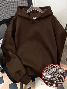 青少年女孩秋冬海軍藍寬鬆連帽長袖套頭衛衣，背面大翅膀水鑽裝飾，休閒街頭風上衣 - 棕色 - 查看 2