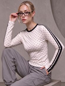 SHEIN 青少年女孩白色圓點長袖修身圓領T恤上衣內搭衫，袖子側條紋設計，可愛休閒秋季節日正式款 - 白色 - 查看 3