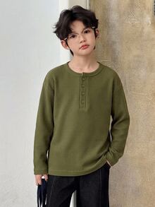 Dazy Kids Tween Boy Solid Color Casual Versatile Daily Wear Long Sleeve T-Shirt - Army Green - View 3