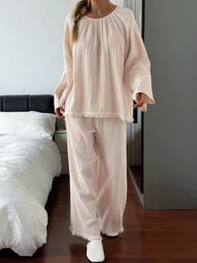 DAZY 2pcs Women's Pajama Set With Tassel Patchwork Solid Color Loose Long Sleeve Top And Long Pants - Apricot - View 9