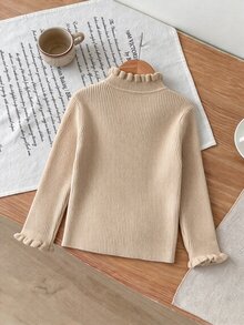 SHEIN Vintaside Kids 女童秋冬純色套頭高領荷葉邊修身內搭毛衣 - 駝色 - 查看 2