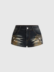 ROMWE Vintage Embroidered Floral Beaded Washed Cat Whisker Distressed Women's Denim Shorts - Blue - View 1