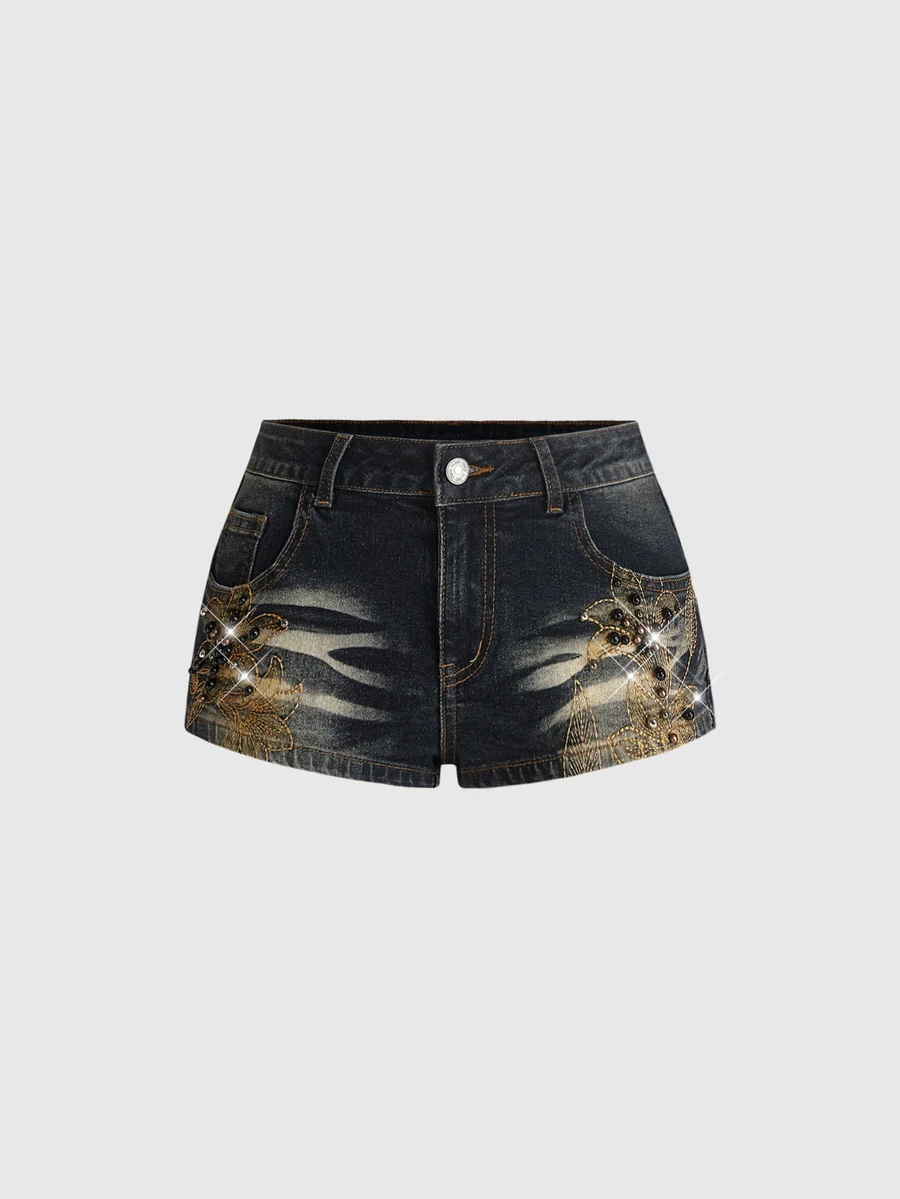 ROMWE Vintage Embroidered Floral Beaded Washed Cat Whisker Distressed Women's Denim Shorts - Blue - View 1