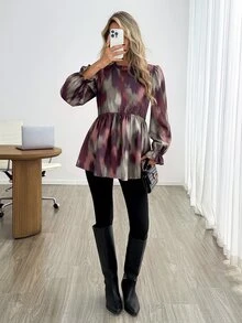 SHEIN LUNE 女款休閒印花秋冬日常基礎襯衫，極簡抽象幾何元素上衣，適合秋冬外出穿著 - 彩色 - 查看 2