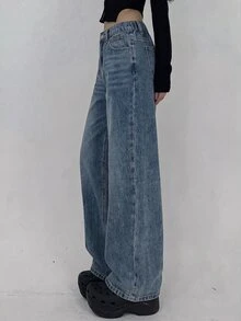 SHEIN 女童休閒日常旅行牛仔褲，附口袋與鈕扣設計 - 中等水洗藍 - 查看 4