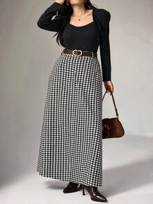 Modelyn Plus Size Women's Houndstooth Casual Daily Wear Skirt - Black and White - View 4