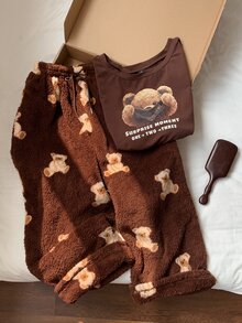 Comfortcana Women's Letter Cartoon Bear Print Sweatshirt And Waist Tie Long Pants Set - Brown - View 6