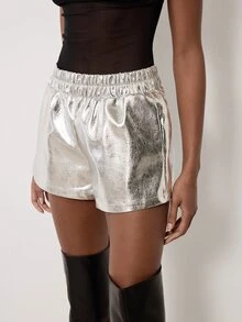 MERLEAU Women's Modern Silver Leather Elastic Waist Shorts - Silver - View 3
