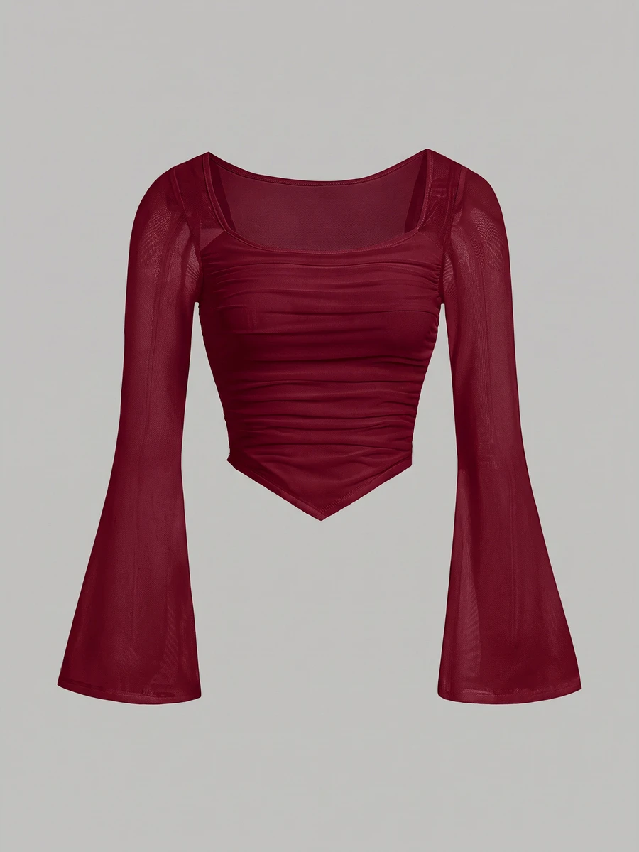 SHEIN Girlism Tween Girls Knitted Solid Color Square Neckline Mesh Bell Sleeve Ruched Long Sleeve T-Shirt Kids - Burgundy - View 1