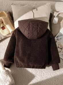 Young Girl Zipper Casual Versatile Winter Hooded Padded Coat - Brown - View 3