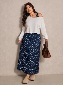 Elaquor Plus Size Solid Color Top & Ditsy Floral Dress 2 Pieces Set Elegant 2 Pieces Set For Women Fall/Winter Casual Daily Going Out 2 Pieces Set For Women - Navy Blue - View 7