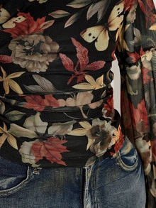 SHEIN ICON ملابس علوية نسائية بمقاسات كبيرة بطبعة زهور وياقة عنق البجعة وأكمام واسعة عصرية - متعدد الألوان - مشاهدة 8