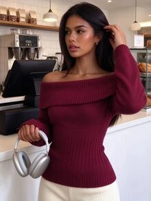 Autumina Women's Autumn/Winter Solid Color Cropped Cinched Cinched Waist Versatile Hot Girl Sweater - Burgundy - View 4
