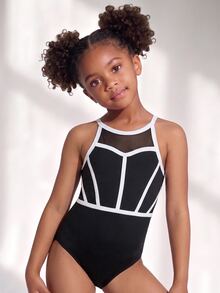SHEIN Áo leotard sát nách in họa tiết cho bé gái, đồ tập thể dục dụng cụ, mặc được quanh năm thu đông - Đen và trắng - Xem 3