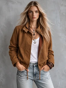 SHEIN American Vintage Premium Texture Drawstring Motorcycle Style Suede Velvet Stand Collar Jacket Short Coat - Khaki - View 7