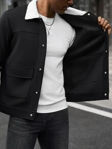 Manfinity CasualCool 男士 Ins 熱銷黑色混紡羊毛拼接白領皮革標裝飾成熟風羊毛大衣，送給爸爸、男友、丈夫的萬聖節、聖誕節、新年禮物 - 彩色 - 查看 6