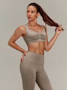 GLOWMODE Seamless Summer Glow Racerback Sports Bra With Mock 2-In-1 Push-Up Design & Removable Cups Low Impact Yoga Pilates Studio Active Wear - Khaki - View 8