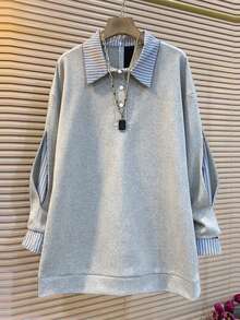INAWLY Women's Casual Striped Patchwork Sweatshirt, Autumn/Winter - Grey - View 3