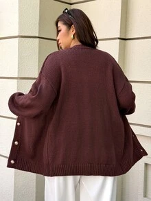 Easura Plus Size Brown & Gold Button Lantern Sleeve Cardigan Sweater, Casual Vintage Comfortable - Brown - View 2