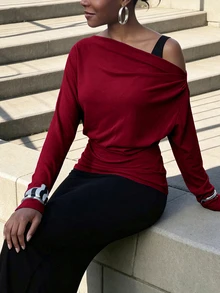 INAWLY Solva Women's Solid Color Asymmetrical Shoulder Long Sleeve Fashion Elegant Top - Burgundy - View 1