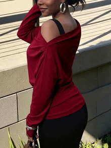 INAWLY Solva Women's Solid Color Asymmetrical Shoulder Long Sleeve Fashion Elegant Top - Burgundy - View 4