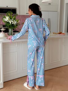 SweetSlumber Sweet Hot Girl Colorblock Striped Bow Puff Wrinkle Women's Pajama Set - Blue - View 4