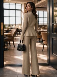 Louniche Setelan 2 Potong Wanita Terbaru Musim Gugur/Dingin: Sweater Rajut Pullover dengan Hem Berumbai, Atasan Lengan Panjang dan Kancing Katak, Celana Panjang Lebar, Warna Khaki, Busana Elegan untuk Perjalanan Sehari-hari - Khaki - View 2
