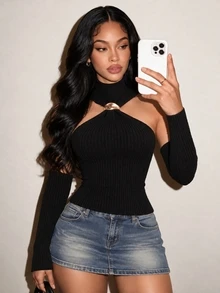 BamGleam Women's Sleeveless Black Ribbed Knit Sweater Top, Round Neck, Short Length, Cold Shoulder, Slim Fit, Casual Commute, Bold Avant-Garde, Vacation, Work, Party, Banquet, Evening, Gathering - Black - View 7