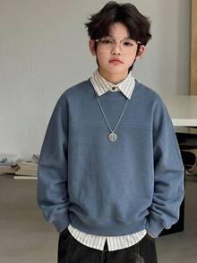 Dazy Kids Sweatshirt Pullover Leher Bulat Dasar Jahitan Kontras untuk Anak Laki-laki (Ukuran Besar), Potongan Longgar, Musim Gugur/Dingin - Navy Blue - View 2